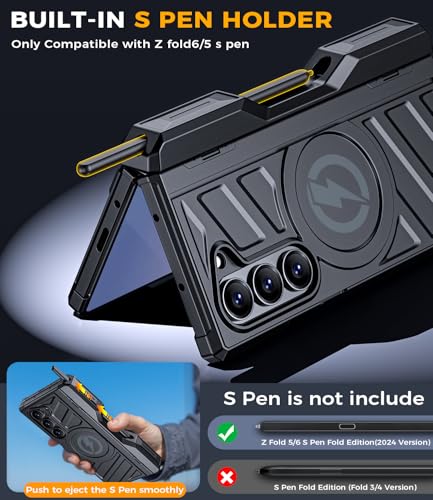 Magnetic Case for Samsung z-Fold-6: [Magsafe Compatible][Rugged Kickstand][S Pen Holder] Shockproof Armor Cover with Hinge Protection | for Business - color: Jet Black