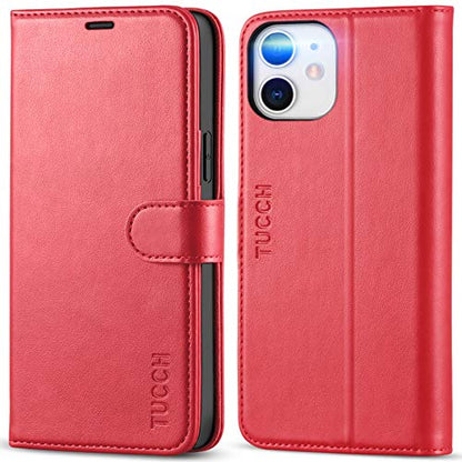 TUCCH Wallet Case for iPhone 12 Pro & iPhone 12 6.1" 2020, Flip Stand, Red | RFID Blocking, 3 Card Holders, Kickstand, PU Leather, Shockproof TPU Shell, Magnetic Closure, Protective Folio Cover - color: Red