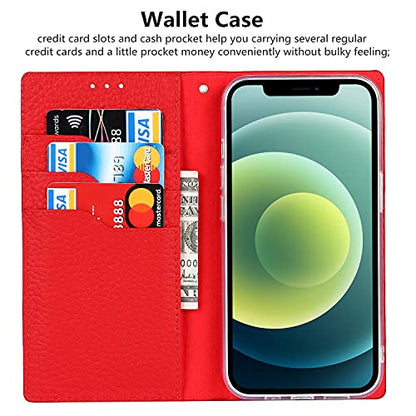 iCoverCase Compatible with iPhone 13 Wallet Case, RFID Blocking Genuine Leather Magnetic Case with Wrist Strap and Card Slots Kickstand Feature Flip Cover 6.1 Inch (Red) - color: Red, size: iPhone 13