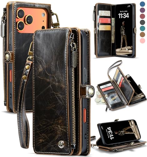 Defencase for iPhone 17 Pro Max Wallet Case with RFID Card Holder, Coffee | Durable Soft PU Leather, with Zipper Pocket, Wrist Strap, Fashion Snap Flip Phone Cases Cover with Stand for Women and Men - color: Coffee