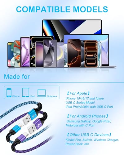 Usb C Cable For Iphone Air Iphone 17e 18 Pro Max 17pro 17 16e 16 16pro 15 - color: 2Pack-Blue, Purple, size: 3FT, style: USB to USB C