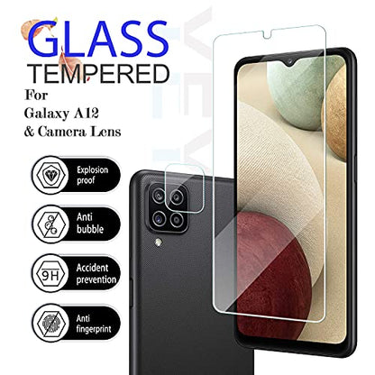 Galaxy A12 HD Clear Tempered Glass Screen Protector + Camera Lens Protectors, [2+2 Pack] [3D Glass] [Bubble-Free] [Anti-Glare] Screen Protector Glass For Samsung Galaxy A12 - size: Galaxy A12