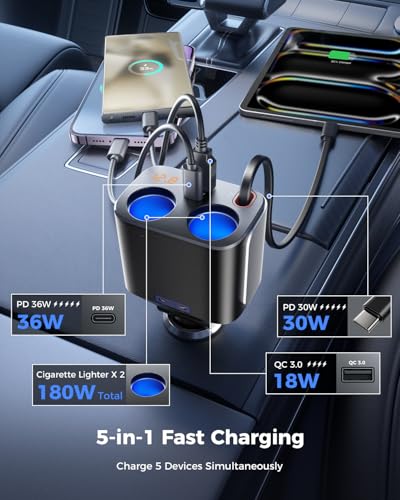 SUPERONE 180W Cigarette Lighter Splitter with Retractable 36W USB-C Cable