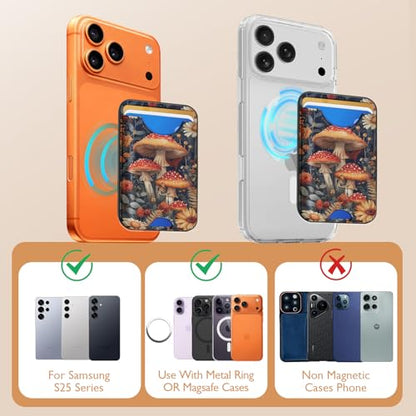 Compatible with Magsafe Wallet Magnetic Card Holder - Mushroom Phone Wallets for Women Teen Girls Cute for iPhone 17/16/15/14/13/12 Series Slim for Apple Mag RFID Magnet,Fit 3 Cards - color: Mushroom