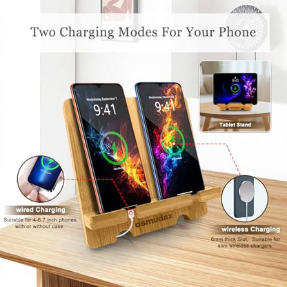 Bamboo Dual Cell Phone Holder for iPhone/iPad, Wood Wireless Charging Station Tablet Holder Nightstand, Double Phone Holder Desktop Stand for iPhone 18/17/16/15/14/13/12/11 and Android