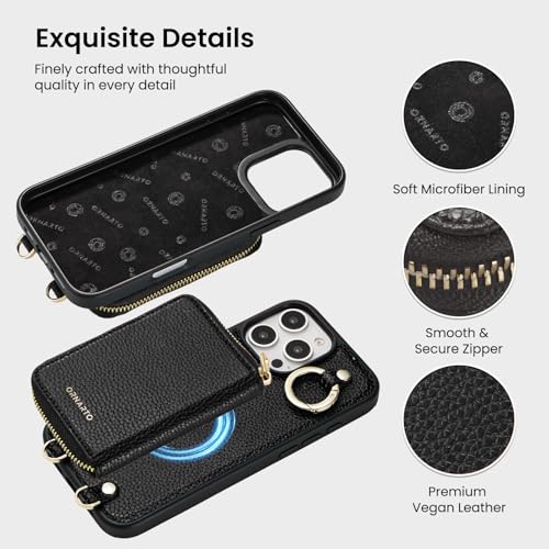 ORNARTO Magnetic Detachable Wallet Case for iPhone 16 Pro Max, Black | Compatible with MagSafe, Crossbody Wallet Case with Card Holder Wrist Strap, RFID Blocking PU Leather Wallet Phone Cover 6.9” - color: Black