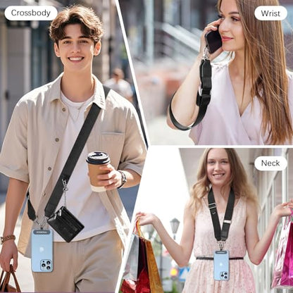 MoKo Universal Phone Lanyard, Phone Crossbody Strap with Detachable Pouch, Adjustable Cellphone Lanyard Crossbody Around the Neck with Patches for iPhone, Samsung, Most Smartphones, Black