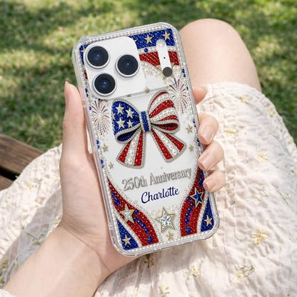 USA Anniversary Sparkling Bow, Personalized Clear Phone Case, Gift for Her