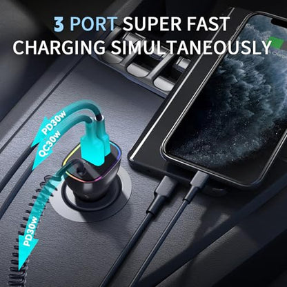 90W Car Charger, USB C Cigarette Lighter Adapter with 4FT Coiled Cable, PD 30W & QC3.0 Fast Charging, Compatible with iPhone 16/15 Series, Samsung Galaxy S24/S23/S22, iPad, Android Phones (Black)