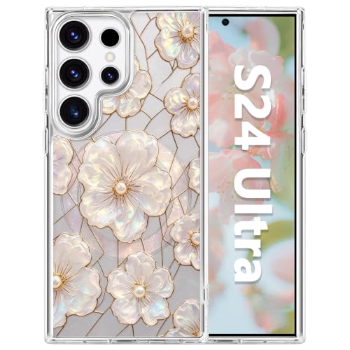 for Samsung Galaxy S24 Ultra Magnetic Case【Compatible with MagSafe】 Aesthetic Oil Painting Stained Glass Flower Design, Slim Fit Hard PC Back Shockproof Cute Clear Phone Cover, Light Pink - color: Light Pink, size: Galaxy S24 Ultra