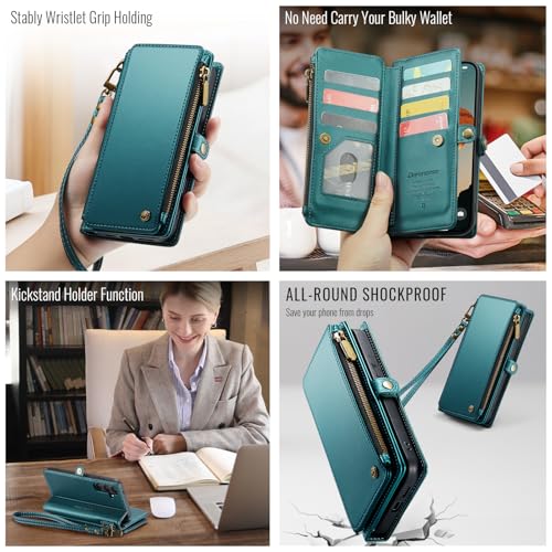 Defencase for Samsung Galaxy S26 Wallet Case with RFID Card Holder, Green | Durable Soft PU Leather, with Zipper Pocket, Wrist Strap, Fashion Snap Flip S26 Phone Cases Cover with Stand for Women Men - color: Blue Green