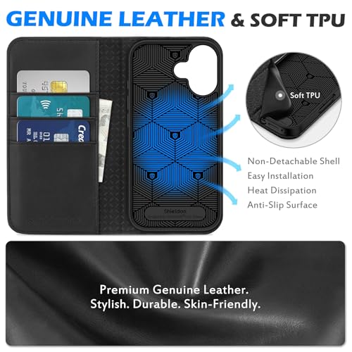 SHIELDON Genuine Leather Folio Wallet Case for iPhone 17 6.3" 2025, Black | Flip Magnetic Cover, Kickstand, RFID Blocking, 3 Credit Card Holder, Book Design, Shockproof, Soft Inner Phone Case - color: Black