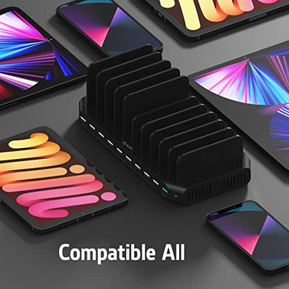 Alxum USB Charging Station with QC 3.0, 10 Port Multi-Device Charging Dock - color: Black, size: 60W-10 QC3.0