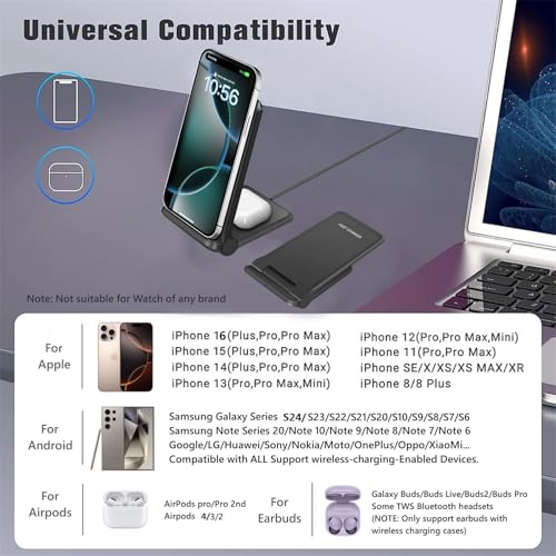 25W Wireless Charger,Foldable 2 in 1 Wireless Charging Station for Apple iPhone 16/16 Pro/15/14/13/12/11/Plus/SE/X/Airpods,PDKUAI 15W Fast Dual Wireless Induction Charge Stand for Samsung/LG - color: Black