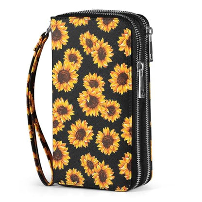 RFID Wallet for Women with Cellphone Pocket - Double Zipper Wristlet Purse Large Capacity, 17 Card Slots, Coin Pocket, Sunflower Print - color: Sunflower