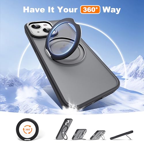 for iPhone 13/14 Case with 360° Spin Magnetic Stand,Black | iPhone 13/14 Phone Case 6.1",Spin Magnetic Ring Stand,Compatible with MagSafe,Military Protection,Translucent Matte - color: Black, size: iPhone 13 & iPhone 14