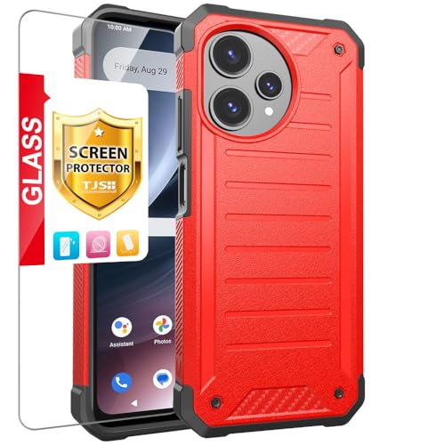 TJS for Cricket Icon Plus 2026 Phone Case, AT&T Verge 2 5G Case (Red) | with Tempered Glass Screen Protector, Premium Tough Lined Design Hybrid Shockproof Heavy Duty Phone Case Cover - color: Red