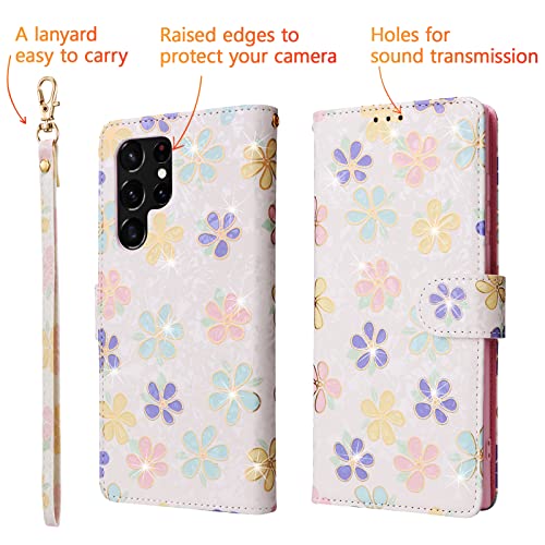 UEEBAI Wallet Case for Samsung Galaxy S23 Ultra 5G, PU Leather Phone Case Kickstand RFID Blocking Flip Case Card Slots Wrist Strap Relief Engraved Pattern Magnetic Closure Folio Case - White Daisy - color: White Daisy, size: Samsung Galaxy S23 Ultra 5G