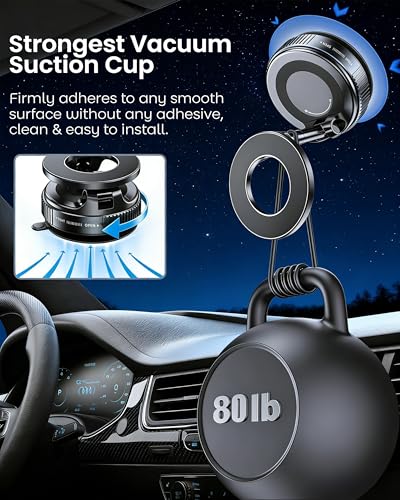 Vacuum Magnetic Car Phone Holder, 2800gf Strong Magnet 360° Rotatable Suction Cup Mount for Dashboard Windshield Rearview Mirror, Universal MagSafe Car Mount for iPhone Android, Black