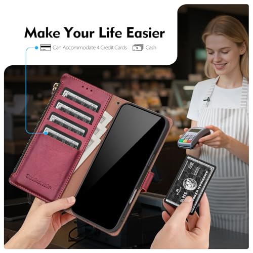 Compatible with iPhone 17e / 16e Wallet Case with Card Holder RFID Blocking Zipper Poket PU Leather Flip Phone Case with Wrist Strap Credit Card Slots Men Women,Wine Red - color: Wine Red