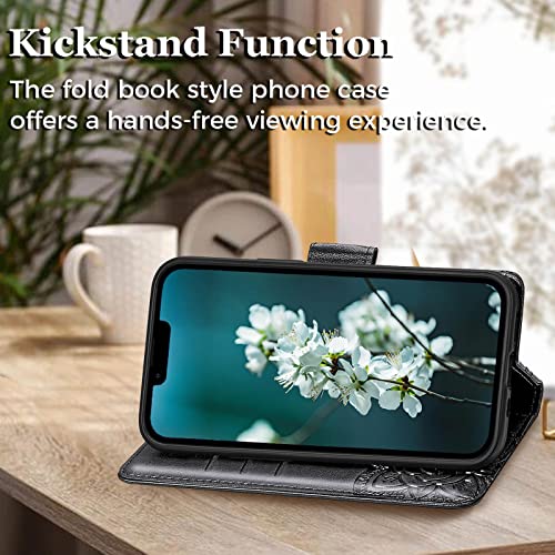 for iPhone 13 Pro Case Wallet for Women,Black | Flip Folio Butterfly Embossed PU Leather Kickstand Credit Card Holder Slots Magnetic Wrist Strap Phone Cover - color: Black