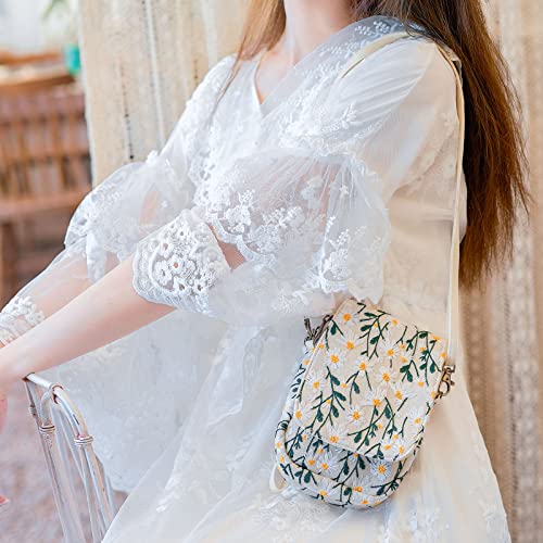 SILKAREA Embroidered Cute Mini Crossbody Bag for Women Small Handbags Wristlet Wallet Bag Cell-phone Pouch Coin Purse - color: Chamomile Beige