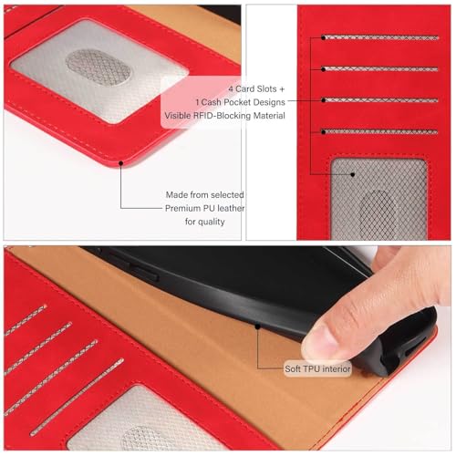 Wallet Case for Galaxy S22, RFID Blocking, 4 Card Slots, Red | For Samsung Galaxy S22 6.1 inch, PU Leather Flip Cover, Protective TPU Shell, Magnetic Closure, Stand, Wrist Strap - color: Red