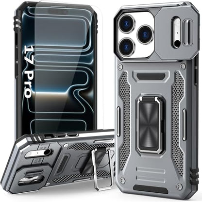 Shockproof Phone Case Compatible with iPhone 17 Pro Case with Kickstand & HD Screen Protector & with Camera Cover Dual-Layer Military-Grade Drop Protection Phone Case (Gray) - color: Grey, size: iPhone 17 Pro 【6.3 inch】