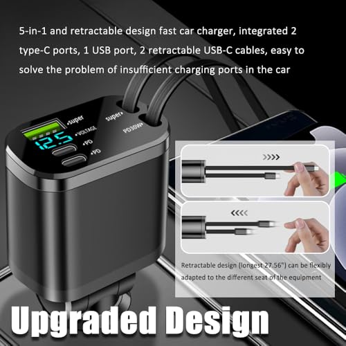5 in 1 Retractable Car Charger Adapter,Upgraded Car Phone Charger with PD 30W Cable & USB Fast Charging Port,Universal USBs & USB C Cars Chargers Compatible with Android and iPhone