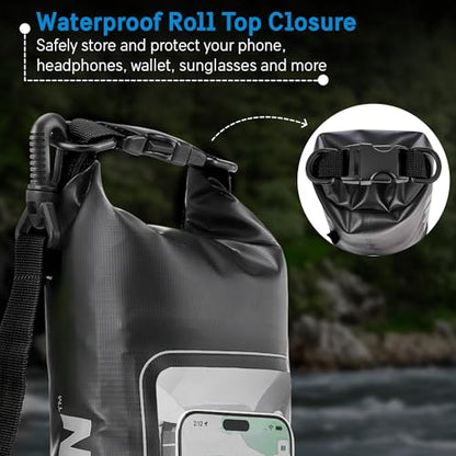 Pelican Marine IP68 Waterproof Dry Bag 2L with Phone Pouch/Case - Black | Roll Top Waterproof Backpack with Touchscreen Phone Pouch - Swimming, Kayaking, Camping, Rafting, Fishing & Travel Essentials - color: Stealth Black - 2L, size: 2L