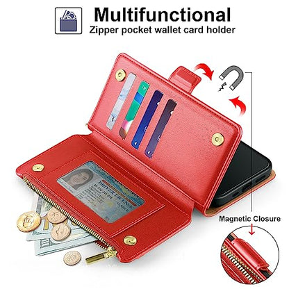 Antsturdy for iPhone 16 Pro Max Phone Wallet Case Women,Red | RFID Blocking,with Credit Card Holder Slots,PU Leather Purse,Zipper Pocket,Wrist Strap Kickstand,Flip Folio Cover for Men - color: Red