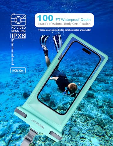 wellhouse Waterproof Phone Pouch, Waterproof Phone Case for iPhone 17 16 15 14 13 Pro Max XS Samsung, IPX8 3D Cellphone Dry Bag Beach Essentials (1 Pack - Crystal Green8.0, 8 inch) - color: 1 Pack - Crystal Green8.0"