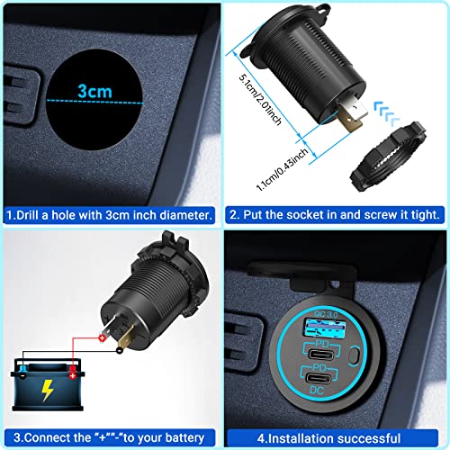 USB C Car Charger Socket 12V USB Outlet 2 Pack,78W RV USB Outlet Dual 30W PD USB-C and 18W QC3.0 Car USB Port with Button Switch Waterproof for Car RV Boat Marine Truck Motorcycle ect