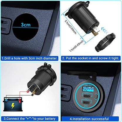 USB C Car Charger Socket 12V USB Outlet 2 Pack,78W RV USB Outlet Dual 30W PD USB-C and 18W QC3.0 Car USB Port with Button Switch Waterproof for Car RV Boat Marine Truck Motorcycle ect