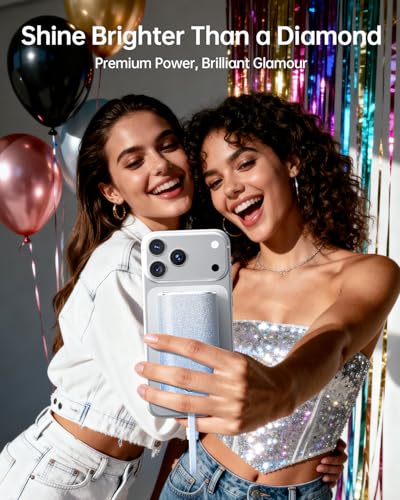 iWALK Sparkly 10000mAh Portable Charger, 22.5W Fast Charging Small Power Bank with Built-in USB-C Cable, Diamond Glitter Ultra-Compact Battery for iPhone 17/17 Pro/16/16 Pro/15, Samsung,ShinyBlue - color: ShinyBlue 22.5W