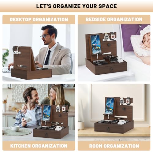 Wood Phone Docking Station, Nightstand Organizer with Drawer - color: Elegant Walnut, size: Without charging station