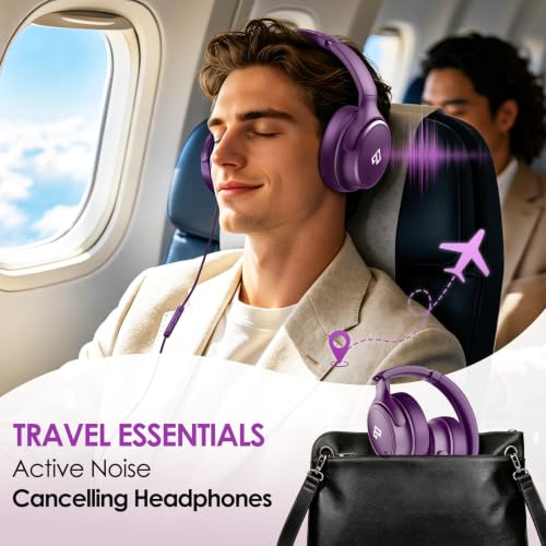 USB C Headphones Wired Active Noise Cancelling 28dB Over Ear-Purple - color: Purple