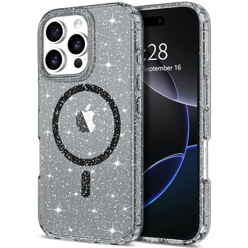 Hython for iPhone 16 Pro Case Glitter, Clear Glitter Sparkly Shiny Bling Sparkle Cute Cover, Anti-Scratch Soft TPU Thin Slim Fit Shockproof Protective Phone Cases for Women Girls, Magnetic Black - color: Magnetic Black, size: For Iphone 16 Pro - 6.3 Inch