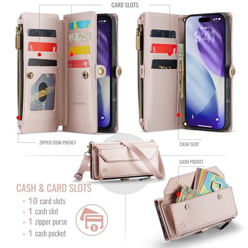 Strapurs for iPhone 17 Pro Max - Zipper Strap Wallet Case Women, Rose Gold | RFID Blocking 10-Card Holder, Shoulder Lanyard, Wirst Strap, Zipper Pocket, Magnetic Snap, Soft PU Leather, Phone Flip Cover - color: Rose Gold, size: iPhone 17 Pro Max - 6.9"