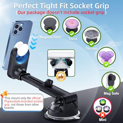 pop-tech Car Phone Mount for Pop Socket: Suction Cup Cell Phone Holders for Automobile Dashboard Windshield Window - Dash Mounted Cellphone Stand Black Fits Thick Socket Wallet Grip for iPhone Samsung