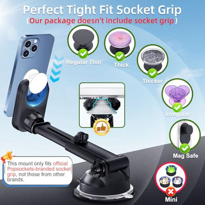 pop-tech Car Phone Mount for Pop Socket: Suction Cup Cell Phone Holders for Automobile Dashboard Windshield Window - Dash Mounted Cellphone Stand Black Fits Thick Socket Wallet Grip for iPhone Samsung