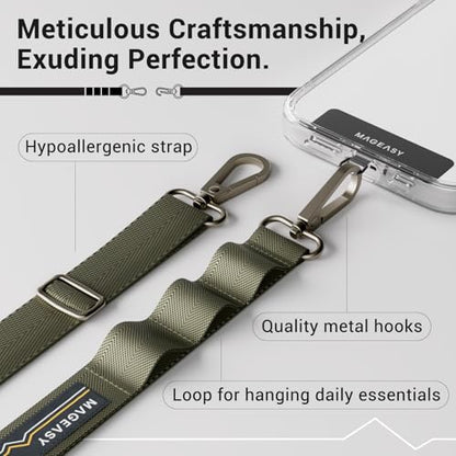 MAGEASY Rover iPhone Lanyard Crossbody with Tether Tab & Attachment Loop, Adjustable Anti Theft Phone Strap for Samsung Google Pixel, 20mm Neck Shoulder Lanyard, Holds 55lb (Dual Clip, Army Green) - color: Army Green, size: Dual Clip