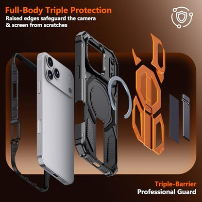 for iPhone 17 Pro Max Case with Kickstand, [15FT Military-Grade Drop Protection] [Compatible with MagSafe] Rugged Shockproof Heavy Duty Magnetic iPhone 17 Pro Max Phone Case Cover (Orange) - color: Orange