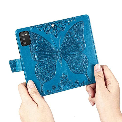 Wallet Case for Samsung Galaxy A03s with Card Holder Blue | PU Leather Flip Phone Cover,Wrist Strap,Woman Man Purse,Emboss Butterfly Flower,Stand,Shockproof TPU Shell, Magnetic Closure - color: B Blue