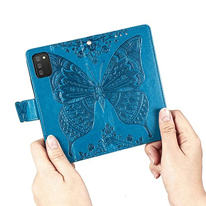Wallet Case for Samsung Galaxy A03s with Card Holder Blue | PU Leather Flip Phone Cover,Wrist Strap,Woman Man Purse,Emboss Butterfly Flower,Stand,Shockproof TPU Shell, Magnetic Closure - color: B Blue
