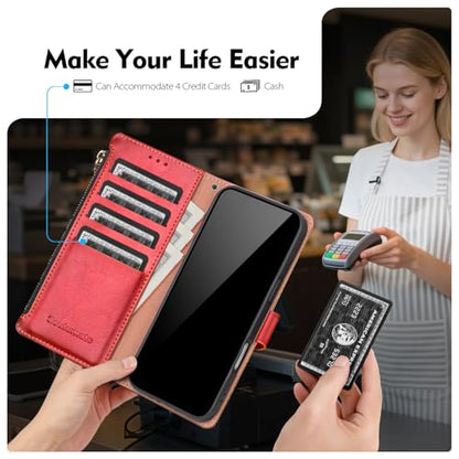 Compatible with iPhone 13 Pro Max Wallet Case with Card Holder RFID Blocking Zipper Poket PU Leather Flip Phone Case with Wrist Strap Credit Card Slots Men Women,for Apple 13 Pro Max,Red - color: Red, size: iPhone 13 Pro Max - 6.7
