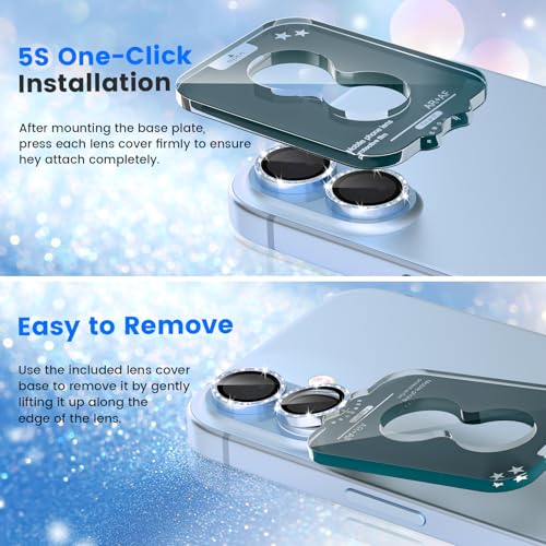 imluckies Glitter Camera Lens Protector for iPhone 17 6.3", [AR+AF] HD Clear Tempered Glass Lens Cover, 9H Scratch Resistant Individual Metal Shiny Ring, Case Friendly & Easy Install, Bling Blue - color: Bling Blue