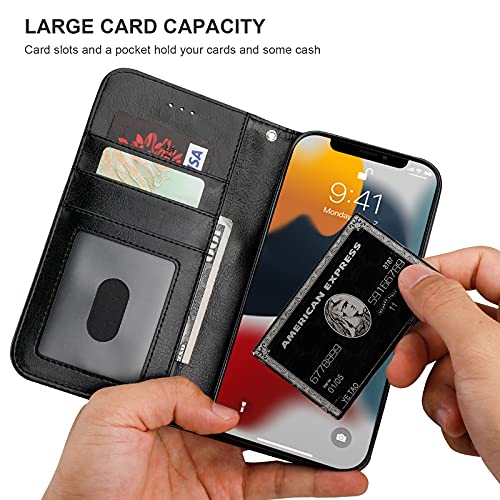Bocasal Detachable Wallet Case Card Holder for iPhone 13, Black | RFID Blocking Kickstand Card Slots Holder PU Leather Magnetic Shockproof Wrist Strap Removable Flip Protective Cover 6.1 inch - color: Black