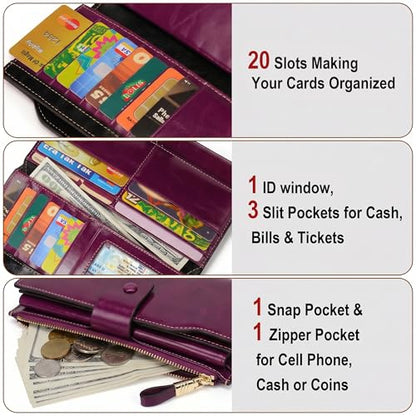 YALUXE Women's Real Leather Wallet RFID Protect 21 Card Slots Phone Pocket - color: 5- Waxed Fuchsia, size: Genuine Leather