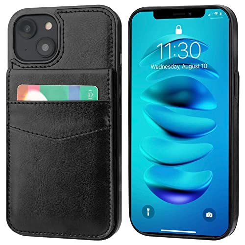 KIHUWEY for iPhone 14 Wallet Case Card Holder Kickstand, Black - color: Black